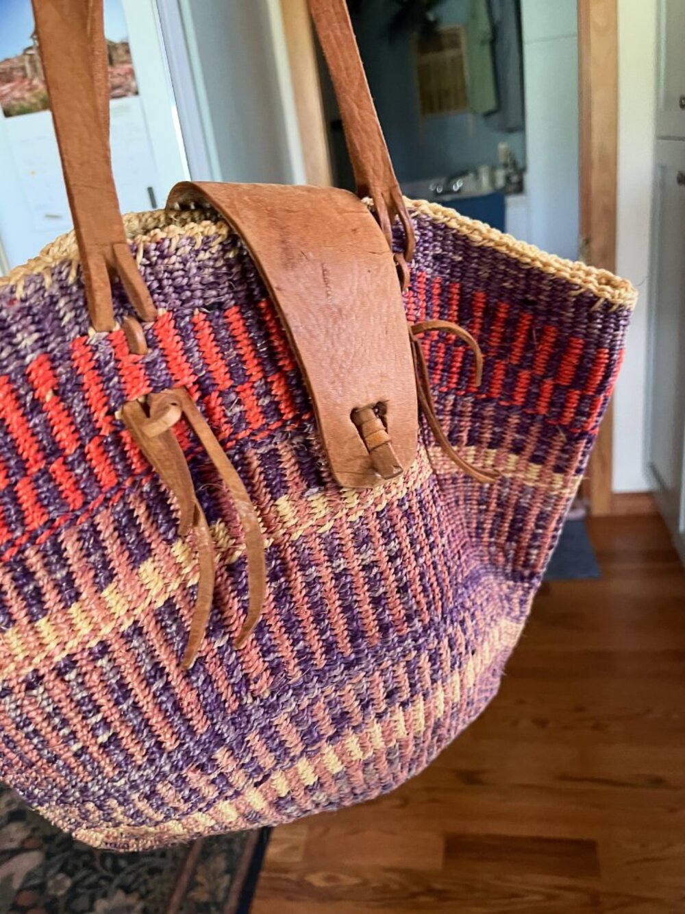 Vintage Kenyan Kiondo Sisal Basket Bag – Unused | Sunset Purple Orange Yellow